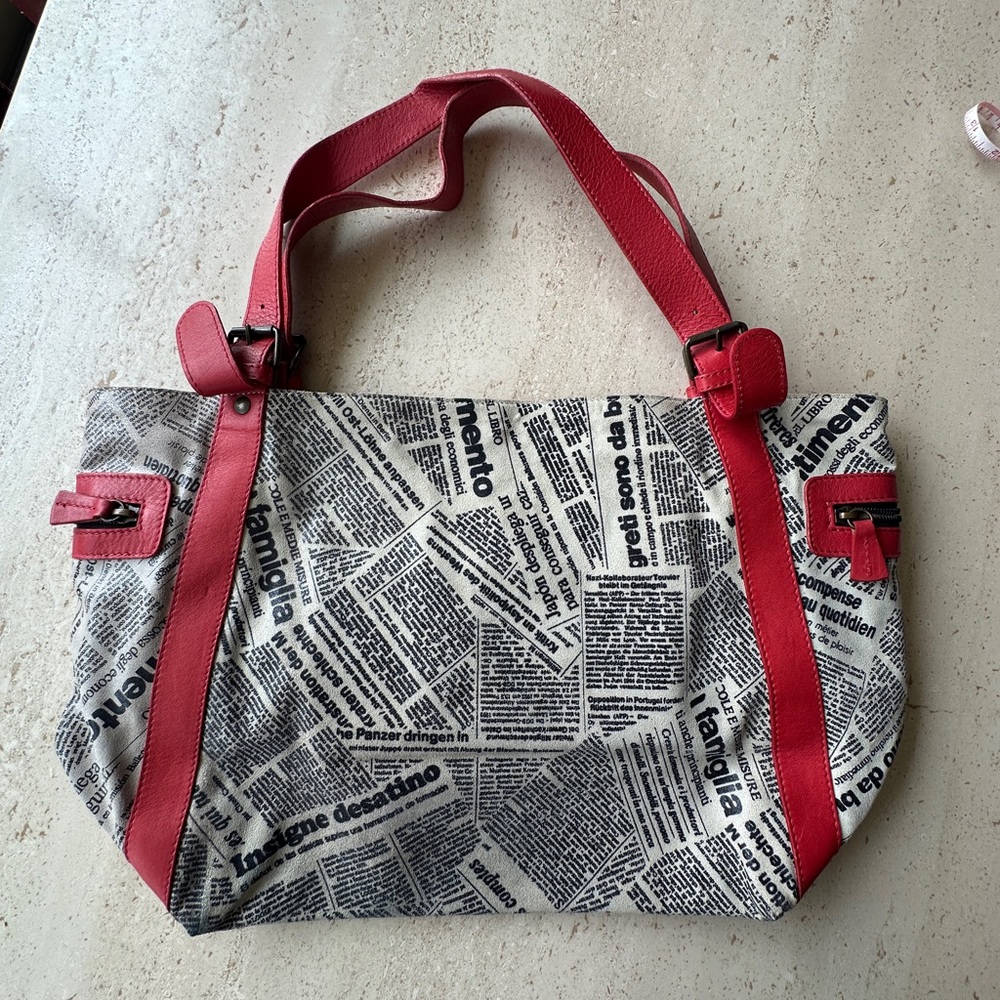 Red and Black Newspaper Print Tote Bag
